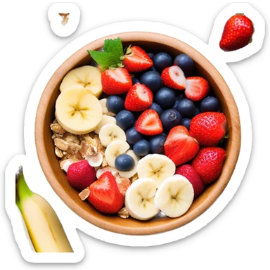 acai bowl in a wood bowl with bananas nutella strawberries granola honey and coconut flakes sticker