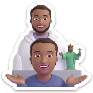 smiling black man with big teeth, standard male haircut, oval face, with Christ the Redeemer statue in the background, Rio de Janeiro, no glasses sticker