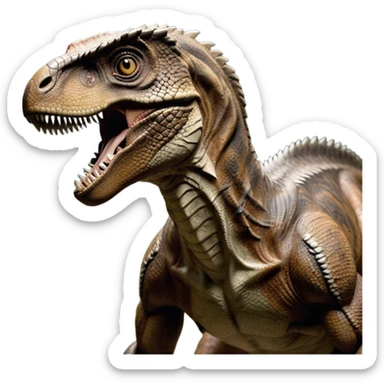 Cinematic Realistic Noble velociraptor/T-rex Portrait Emoji, Poised and imposing, with a massive, muscular build and a rugged, intricately scaled hide in ancient earthy tones, a sharply defined, fearsome head with piercing, primal eyes rendered in lifelike detail, high shine, intelligent and formidable, styled with an air of prehistoric authority, focused and attentive, soft glowing outline, capturing the essence of a watchful and confident velociraptor/T-rex that appears ready to roar out of the screen with timeless power! sticker