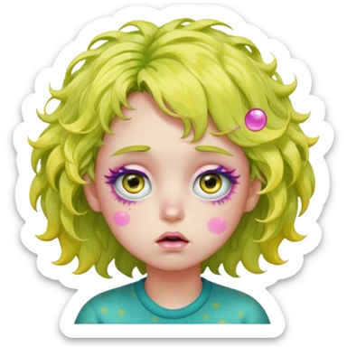 messy, wavy chartreuse hair, with pink specks, bushy eyelashes, and big round eyes, with irises that are teal on the outside and yellow on the inside while making a pouty face saying pay attention to me in bubble words sticker