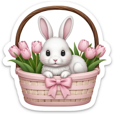 A white Picnic basket with light pink bow, white peonie, tulips and a white rabbit inside sticker