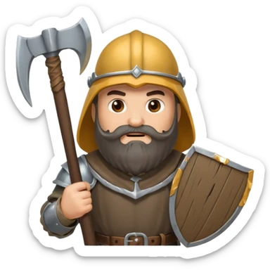 gimli lord of the rings with dark brown beard holding ax and a gray metal helmet sticker