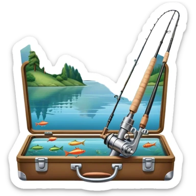 Icon for Fishing Travel: a fishing rod, tackle box and a boat on a calm lake surrounded by mountains and lush greenery, with fish jumping out of the water. The icon should capture the peaceful and adventurous nature of fishing trips. Transparent background. sticker