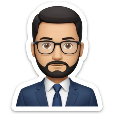 Attractive Hispanic TV host in his mid to late 40s with light brown skin, short straight black hair slicked back with fade on sides, square handsome face with strong jawline, friendly approachable expression, black beard, wearing glasses sticker