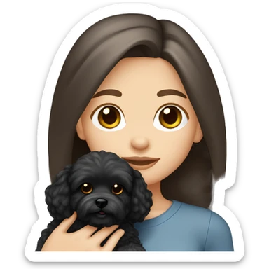 Caucasian Brunette girl long straight hair and hazel eyes, holding a black maltipoo sticker