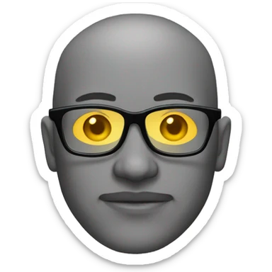 man with grey skin, no hair, stubble, wearing glasses that have a distinctively yellow tint sticker