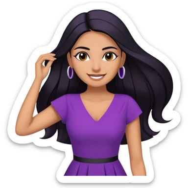 beautiful woman boss, with long straight black hair, with make up, black eye liner, smile, mexican, brown skin, wearing purple dress, she stand up, she replace hair behind her ear sticker