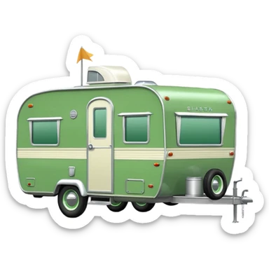 1960s Shasta trailer, single axle wheels, colored all green, the same green shade as movie trailer green preview card, light grey tires and grey hitch sticker