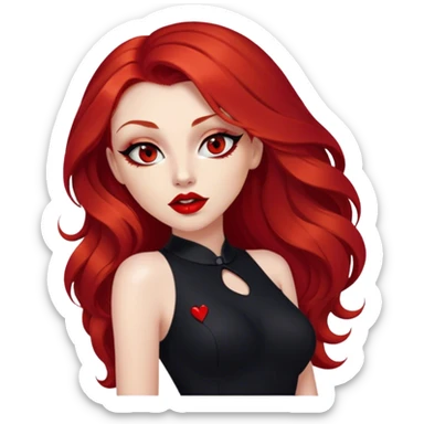 a pretty woman with long red hair and red eyes. The woman wear a black little cutted dress. She have red lipstick and she have a seductive look. She do a smack sticker