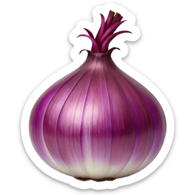 whole red onion, shiny papery outer skin, rich purplish-red tones, natural striations, dried stem, dry root strands, 3D rendered, clean minimal soft shadows, realistic lighting, no anthropomorphic features, emoji scale sticker