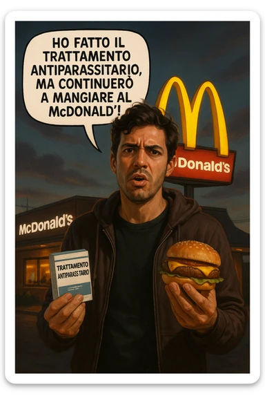 A realistic, cinematic illustration of a man in his early 30s with a confused yet stubborn expression, standing outside a McDonald's at dusk, holding a small box labeled 'Trattamento Antiparassitario' in one hand while holding a large McDonald's burger in the other. He is mid-sentence, saying 'Ho fatto il trattamento antiparassitario, ma continuerò a mangiare al McDonald!' in an expressive speech bubble. The man wears casual streetwear, and behind him, the McDonald's golden arches glow under a neon-lit sky. The mood is ironic and educational, highlighting the contradiction of doing parasite cleanses while continuing unhealthy fast-food habits. The style is realistic with slight illustrative clarity, emphasizing the message humorously while maintaining a serious undertone about lifestyle choices and health in italiano sticker
