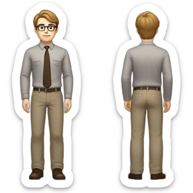 Full height Pale skinned fit man with dark brown hair in gray jacket, beige office shirt, brown tie, brown pants and vintage glasses. His right hand stretched out sticker