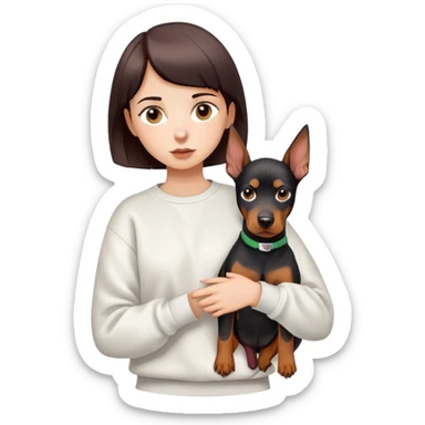A short-haired girl in a white sweatshirt is holding a big Doberman dog sticker
