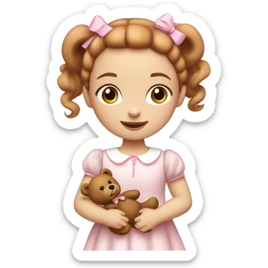 Little Girl with White skin, blue eyes. Light brown and red hair in two ponytails, with light pink bows.  She is wearing a light pink and White dress, standing and holding a teddybear with a pink bow. sticker
