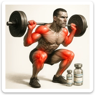 realistic anatomical image of a crossfit athlete with joints highlighted in red to show pain, detailed muscles, rigid posture, vials labeled 'Stanozololo' nearby, intense light, white background sticker