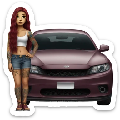 Beautiful tattooed burgundy long haired woman standing next to a car sticker