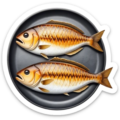Gradele Cinematic Realistic Gradele Dish Emoji, depicted as 2 perfectly grilled fish with prominent grill marks and a smoky finish, rendered with vivid textures and dynamic, natural lighting. sticker
