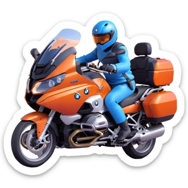blue BMW R 1200 RT touring motorcycle with rider on road sticker