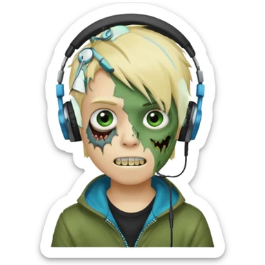 boy zombie whit blonde emo hair and eyes blue and GREEN SKIN and heandphones AND A MICROFONE AND GOLD TEETH  sticker