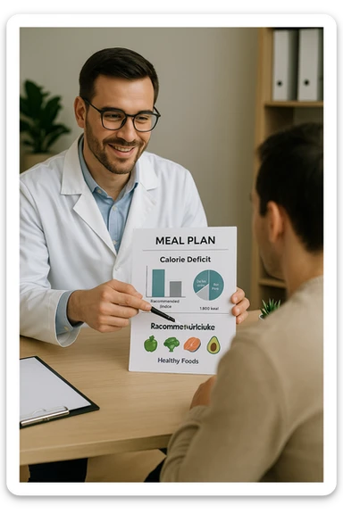 a nutritionist sits at a desk with a client, showing a personalized meal plan and a chart that clearly displays the client’s specific daily caloric deficit. The nutritionist points to the chart, which includes recommended calories, macronutrient breakdown, and healthy food options. The mood is professional, supportive, and educational. in italiano sticker