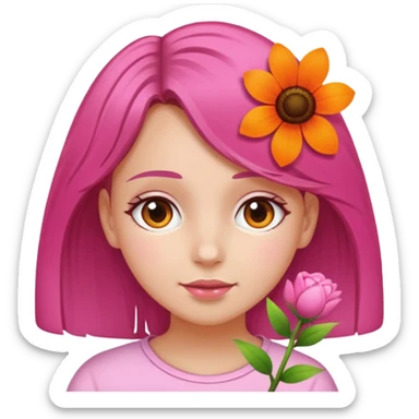 Ein braunhaariges Mädchen (glatte Haare ) mit einen Blume hinter dem ohr sticker