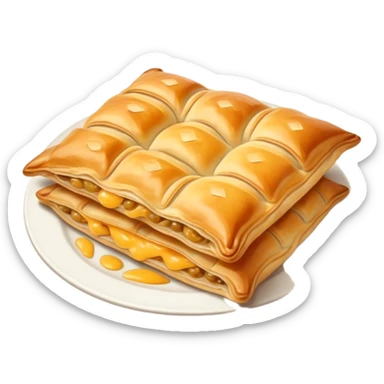 Cinematic Realistic Burek sa Sirom Dish Emoji, showcasing a flaky pastry filled with cheese rendered with crisp textures and appetizing, warm lighting. sticker
