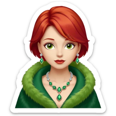 * Character: A stylish lady,red hair
* ﻿﻿Clothing: A luxurious green fur coat
* ﻿﻿Accessories: A dazzling diamond necklace
* ﻿﻿Expression: Confident, elegant, maybe slightly glamorous
* ﻿﻿Pose: Head slightly tilted or a poised posture
* ﻿﻿Style: Emoji-like, simple but expressive sticker