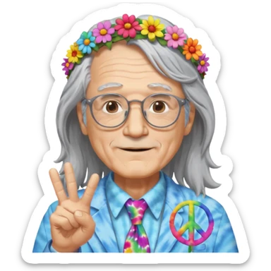elderly man with long grey hair, glasses, peace sign necklace, tie-dye clothing, flower crown sticker