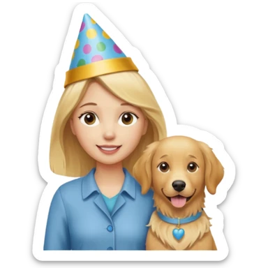 Female blonde with a birthday hat standinf w a golden retriever  sticker