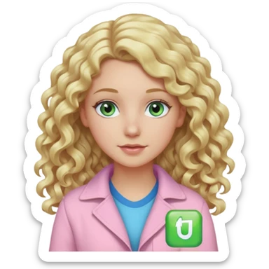 A white girl with long blonde curly hair and blue and green eyes wearing light pink sticker
