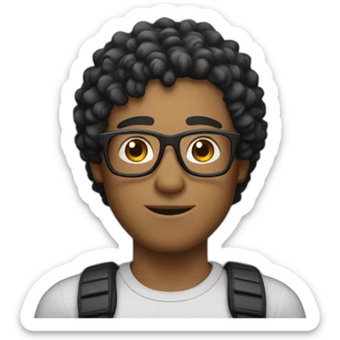 White man with short, curly and wavy black hair, and glasses. He has quite a forehead, and he is a gamer. sticker