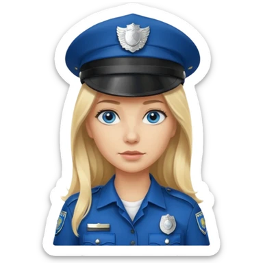 A blonde long hair woman wearing a dark police hat with a silver badge, looking straight ahead with a calm expression. sticker