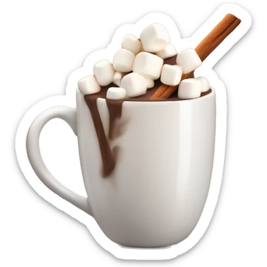a mug of hot chocolate topped with marshmallows and a cinnamon stick stirrer sticker