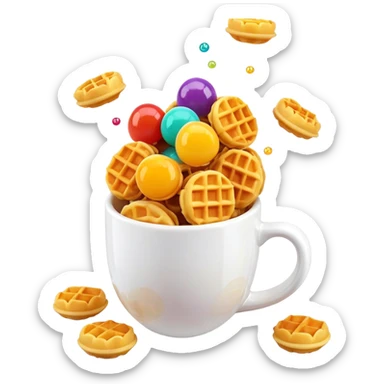 3D rendered mini Hong Kong egg waffles in a cup with colorful toppings, hyper-realistic bubbled texture, vibrant colors, glossy finish, detailed bubble pattern, playful presentation sticker