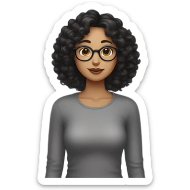 A curly woman with black hair and glasses, a big nose, eyebrows close to the eyes and a small sweet spot under the lips on the left side holds a gray cat sticker