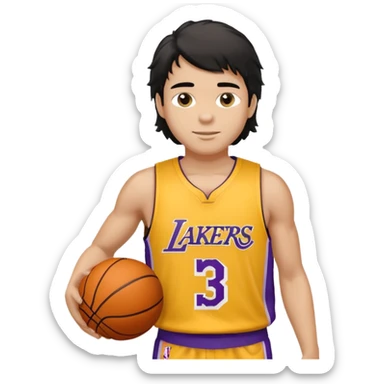 a light tan boy with messy a black mullet. wearing a lakers jersey and carrying a basketball sticker