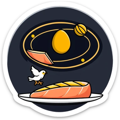 Floating plate with cute stylized protein foods: golden egg, salmon fillet, chicken breast, and tofu block, orbiting a DNA double helix, with energy beams connecting to a muscular figure silhouette sticker