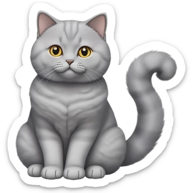 cinematic-[British shorthair cat]-realistic-full-body-sitting-emoji,-tail-curled-playfully-around-its-paws,-head-tilted-dramatically,-fluffy-[grey]-fur,-simplified-yet-hilariously-adorable-features,-highly-detailed,-glowing-with-an-almost-sarcastic-glow sticker