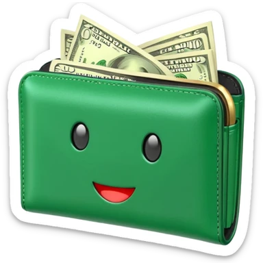 Rich emoji style greenleather wallet with dollar bills, luxury money vibe, premium 3D emoji, ultra clean, high detail, no background sticker