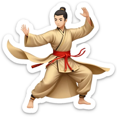 Emblem symbolizing Wushu martial arts. A graceful martial artist performs a dynamic kung fu pose, with flowing movements and a long, elegant robe. The background features stylized clouds and traditional Chinese symbols, representing fluidity, balance, and precision. Transparent background. sticker