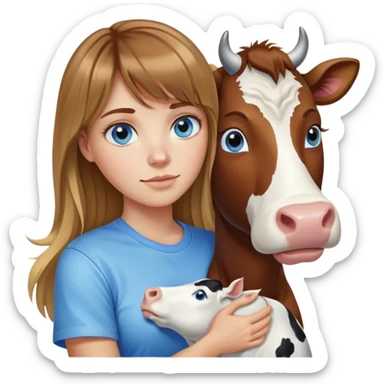 Woman with brown hair long and blonde highlights, bangs in front, blue eyes, white t shirt hugging a cow sticker