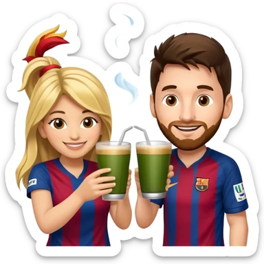 emoji-style illustration of Lionel Messi and Shakira smiling at each other, both holding traditional yerba mate cups, about to make a cheerful toast, friendly, happy, expressive cartoon faces, bright colors, fun vibe sticker
