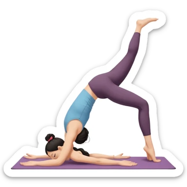 white girl with black long hair in a messy bun doing yoga position - downward facing dog sticker