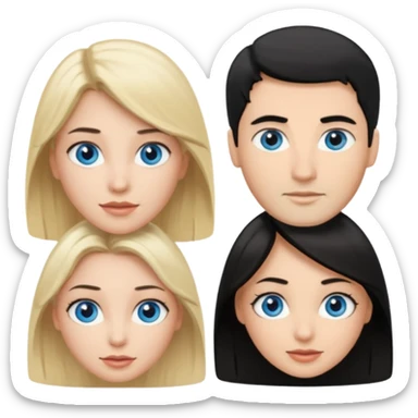 Blond woman blue eyes on left. Man with black hair and greye eye in the middle. Brown hair woman with greye eyes on the right sticker