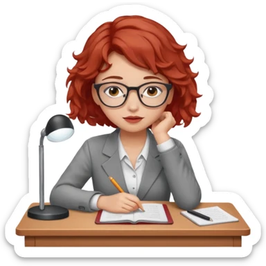 Pretty model, brown eyes, soft red short wavy hair, falling asleep at desk, wearing glasses sticker
