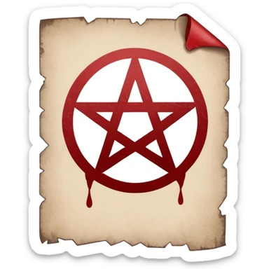Minimalist emoji-style sticker of a blank torn contract with a pentagram stamp and drop of muted red ink. Gothic feel, flat design.
 sticker