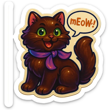 Fluffy cute playful silly smiling happy dark-brown cat with green eyes and a purple scarf saying ‘mEoW~!’ (With a speech bubble) sticker