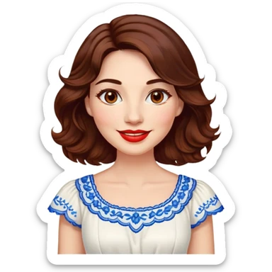 Professional woman at 40 with bright complexion, round face, big lively light brown eyes, wide friendly smile, vibrant red lips, voluminous wavy dark brown hair to shoulders, white summery dress with blue embroidery and electric blue neckline sticker
