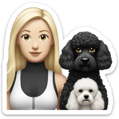 white woman with long blonde hair and cat shaped eyes wearing a yoga outfit standing alongside a black and white poodle sticker