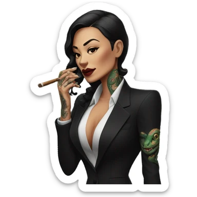 A mafia boss with a snake tattoo on the right side of her face, in a black suit and with a cigar in her mouth sticker
